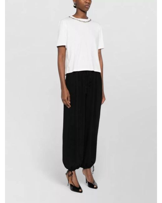 ERMANNO FIRENZE White Crew Neck Top Embellished Neckline Short Sleeves