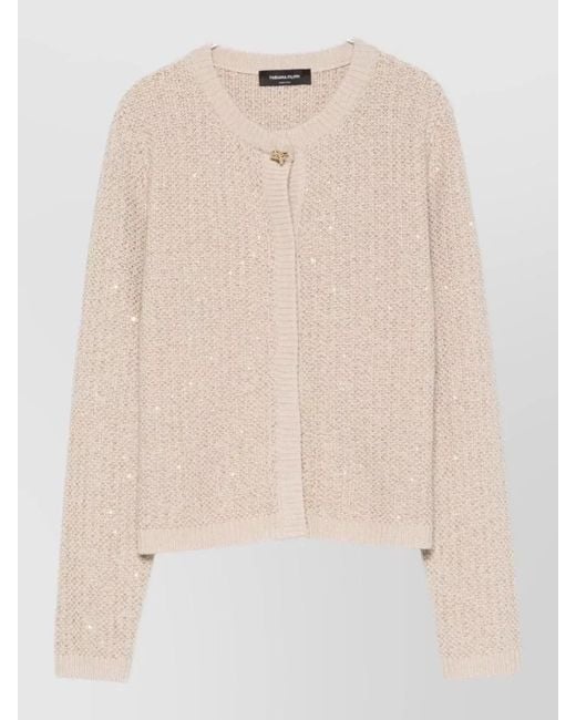 Fabiana Filippi Natural Wool Blend Cardigan Sequin Trim Round Neck