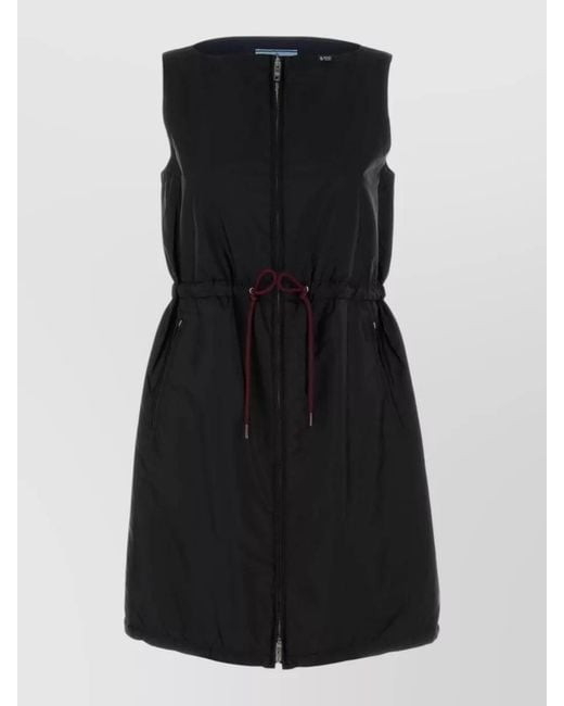 Prada Black Renylon Dress Jacket Drawstring Waist Sleeveless
