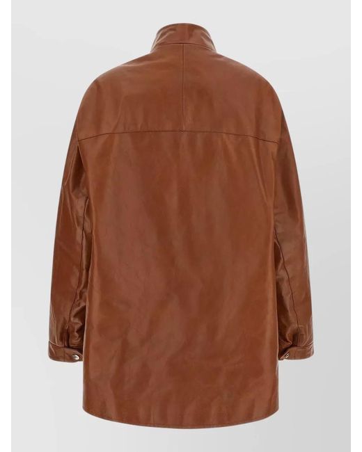 Prada Brown Leather Caban Coat Front Pockets Long Sleeves