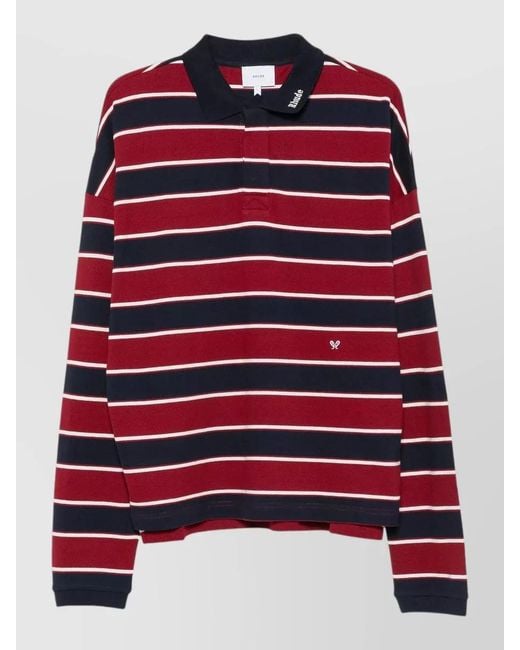 Rhude Red Striped Long Sleeve Polo Shirt Logo for men