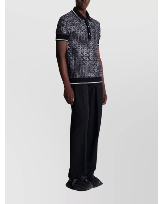 Balmain Blue Merino Wool Knit Patterned Polo Shirt for men