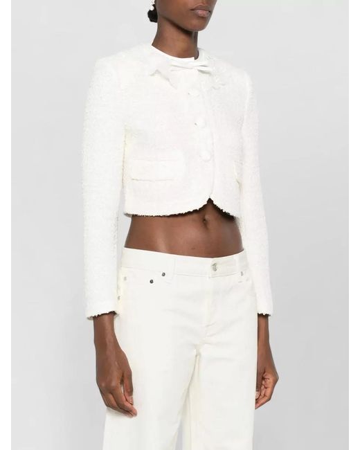 Self-Portrait White Cropped Textured Jacket Bow Detail Pockets