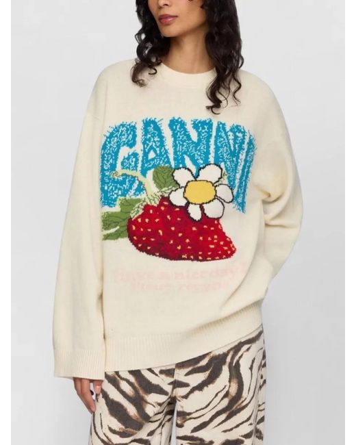 Ganni Blue Wool Oversized Strawberry-Intarsia Crew-Neck Sweater