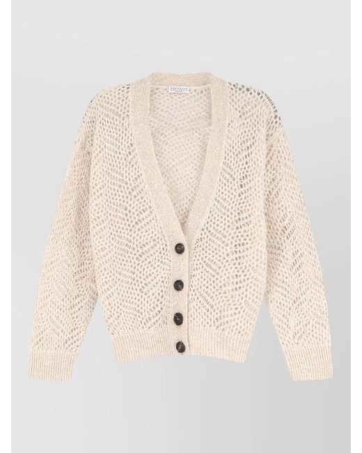 Brunello Cucinelli Natural V Neck Long Sleeve Textured Knit Top