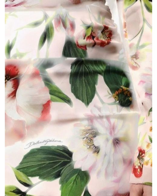 Dolce & Gabbana White Silk Floral-Print Long-Sleeve Square-Neck Midi Dress