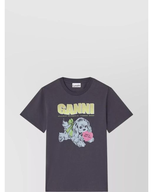 Ganni Blue Organic Cotton T-Shirt Featuring Dog Graphic