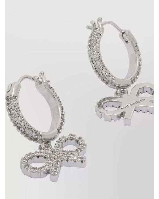 Self-Portrait White Hoop Earrings Featuring Rhinestones And Bow Detail