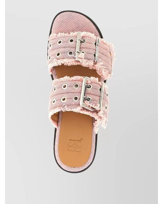 Ganni Pink Denim Buckle Fringed Sandals