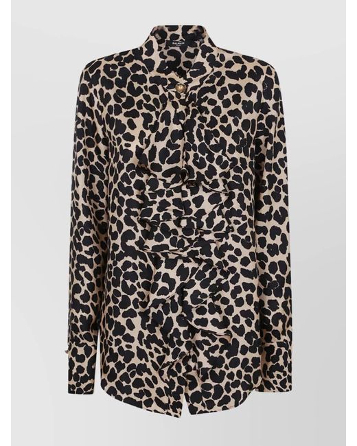 Balmain Black Leopard Print Jabot Collar Shirt