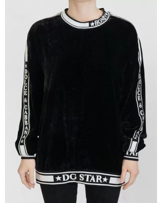 Dolce & Gabbana Black Velvet Crewneck Pullover Sweater Relaxed Fit
