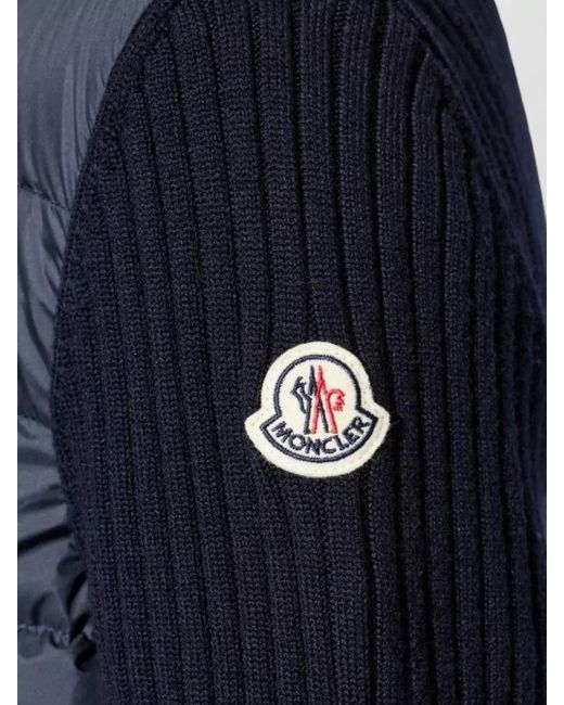 Moncler Blue Cardigan Quilted Front And Ribbed Sleeves for men