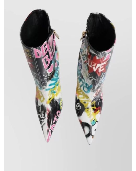 Dolce & Gabbana Gray Leather Graffiti-Print Mid-Calf Boots