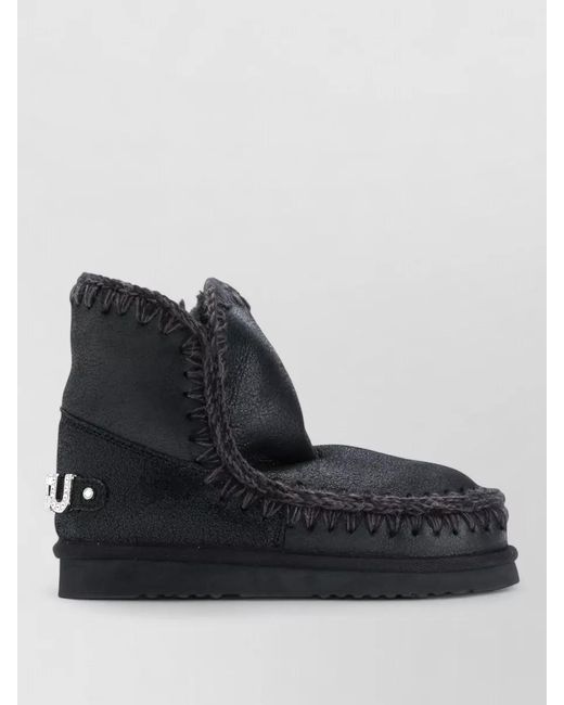 Mou Black Ankle Boots Flat Sole Fur Trim