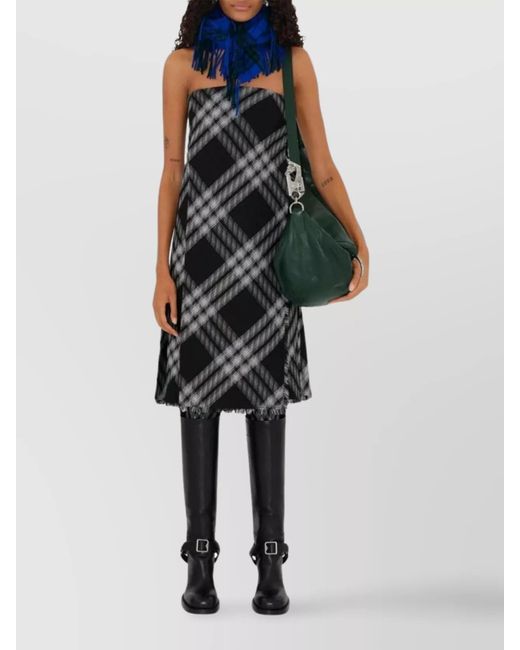 Burberry Gray Wool Check Off-The-Shoulder Mini Dress