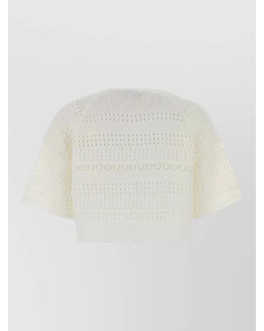 Weekend by Maxmara White Crochet Knit Top Round Neck Short Sleeves