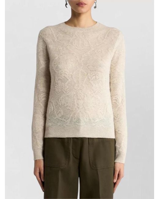 Etro Natural Crew Neck Long Sleeve Textured Knit Top