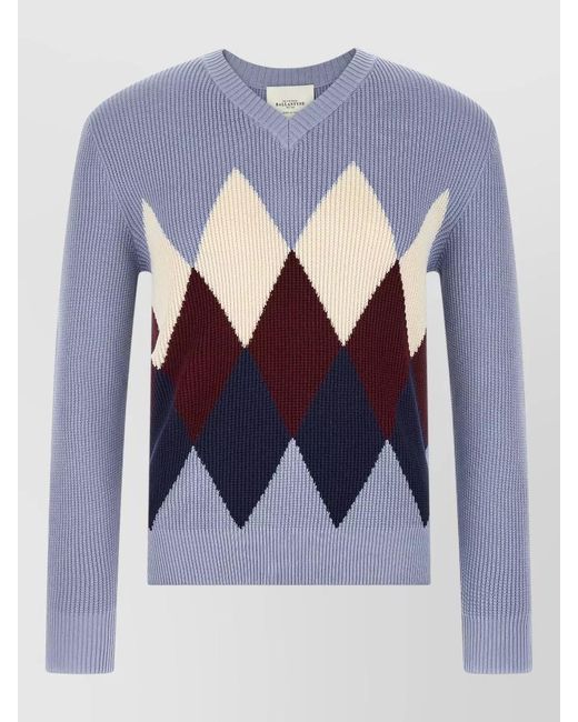 Ballantyne Blue Argyle Motif V Neck Ribbed Sweater for men