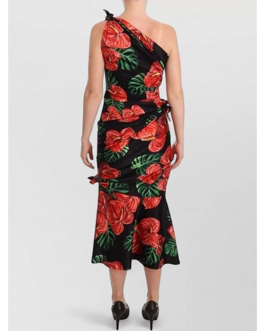 Dolce & Gabbana Red Silk Floral Print One-Shoulder Draped Midi Dress