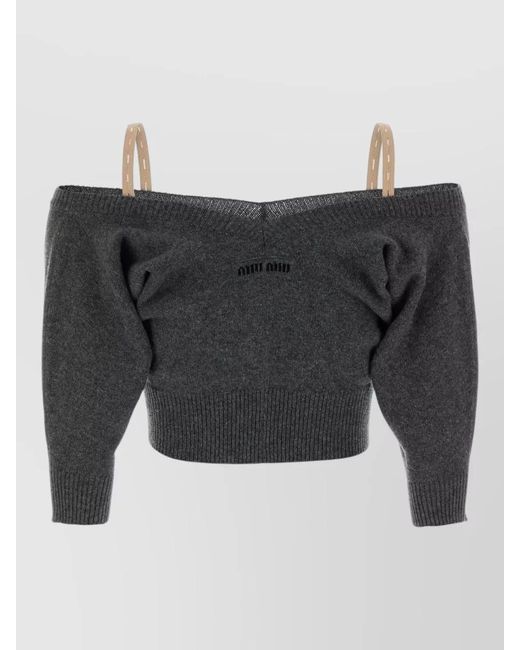 Miu Miu Black Cashmere Cardigan Off Shoulder Cropped Ribbed Hem