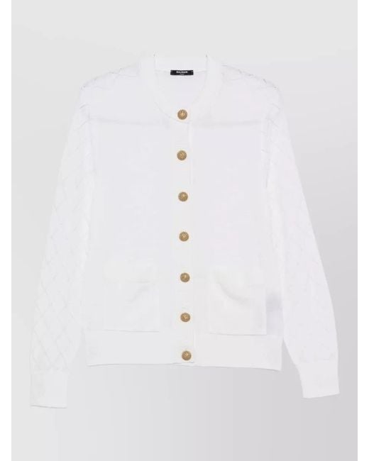 Balmain White Wool Cardigan Diamond Sleeves Front Pockets