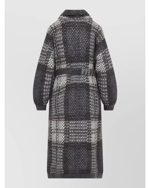 Brunello Cucinelli Gray Mohair Blend Sequined Belted Macrocheck Oversized Coat