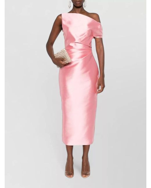 Solace London Pink Ellison Satin Midi Dress One Shoulder