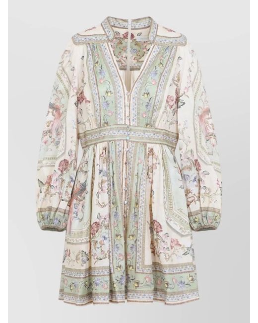 Zimmermann White Linen Floral-Print Plunge Long-Sleeve Mini Dress