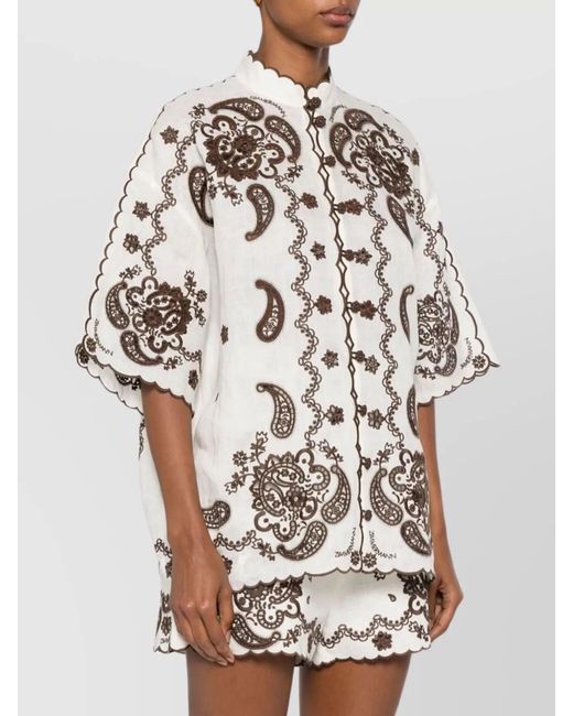 Zimmermann White Embroidered Linen Mock Neck Short-Sleeve Shirt