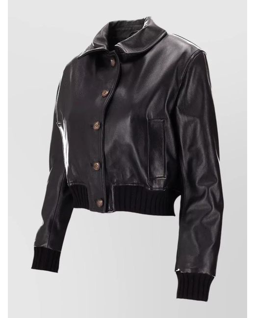 LA ROSE Black Nappa Leather Jacket High Collar Ribbed Cuffs
