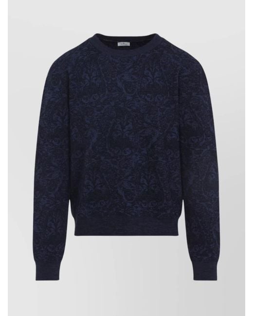 Etro Blue Ribbed Paisley Crewneck Sweatshirt for men