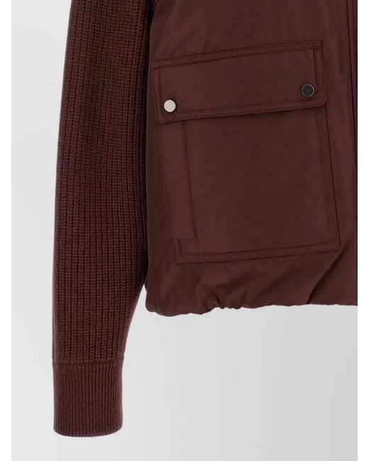 Brunello Cucinelli Brown Down Jacket Techno Taffeta Ribbed Knit