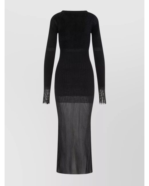 The Attico Black Ribbed V-Neck Lace-Trim Midi Dress