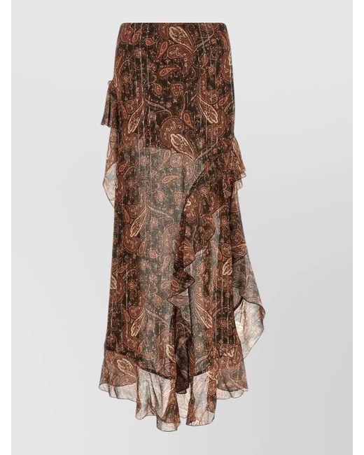 ANDAMANE Brown Camelia Skirt Asymmetric Hem Paisley Ruffle
