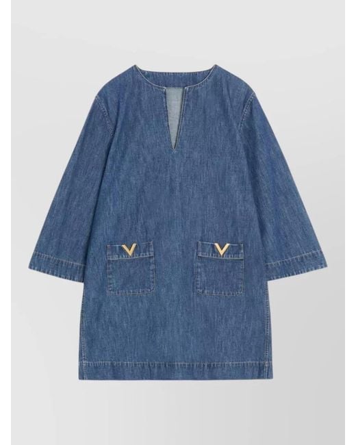 Valentino Blue Denim V-Neck Three-Quarter Sleeve Mini Dress