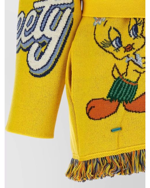 Alanui Yellow Virgin Wool Jacquard Belted Fringed Cardigan