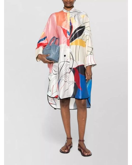 F.R.S For Restless Sleepers White Silk Dress Abstract Print Long Sleeves Hem