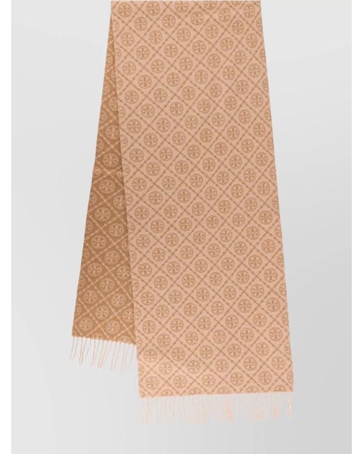 Tory Burch Natural Geometric Pattern Scarf Fringe Detail