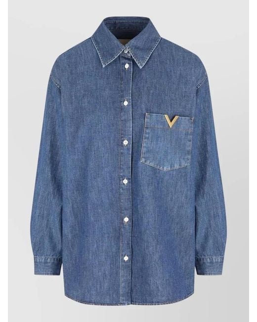 Valentino Garavani Blue Denim Shirt Long Sleeves Loose Fit Collar