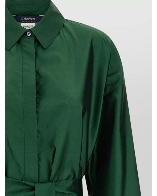 Max Mara Green Belted Midi Dress Long Sleeves Collar