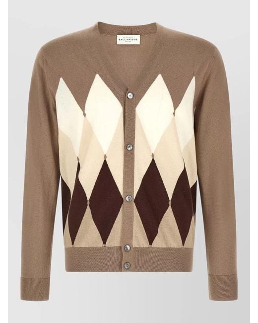 Ballantyne Natural Argyle Cardigan Jacket Ribbed Cuffs Neckline for men