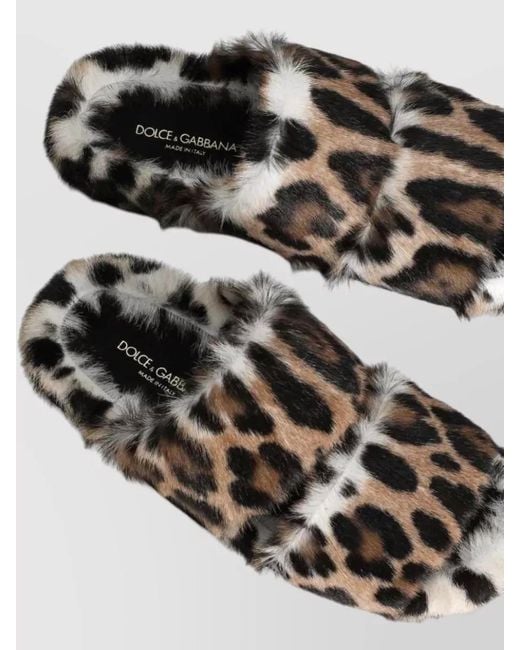 Dolce & Gabbana Gray Flat Faux Fur Leopard Print Slippers