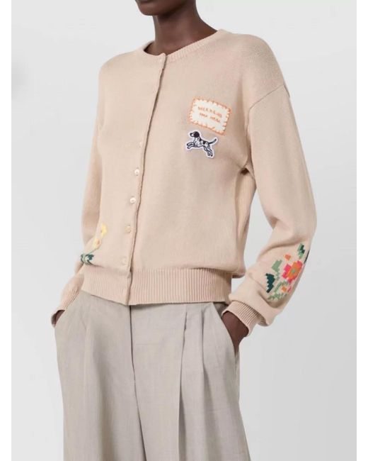 Weekend by Maxmara Natural Top Embroidered Patches Ribbed Cuffs Hem