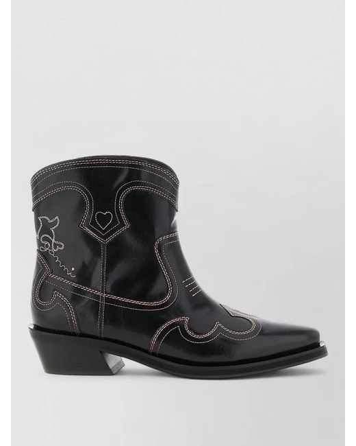 Ganni Black Embroidered Western Ankle Boots