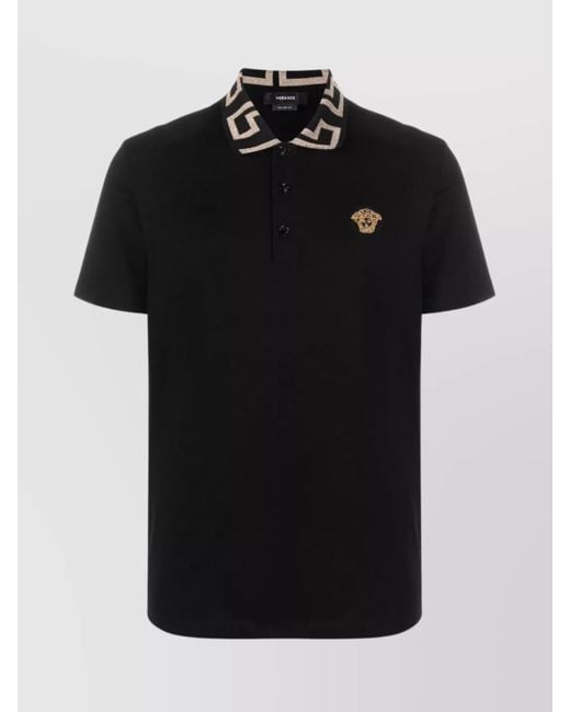 Versace Black Cotton Piqué Short-Sleeve Polo Shirt for men