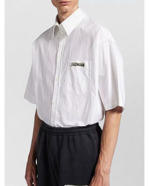 Balenciaga White Cotton Poplin Oversized Printed Shirt for men