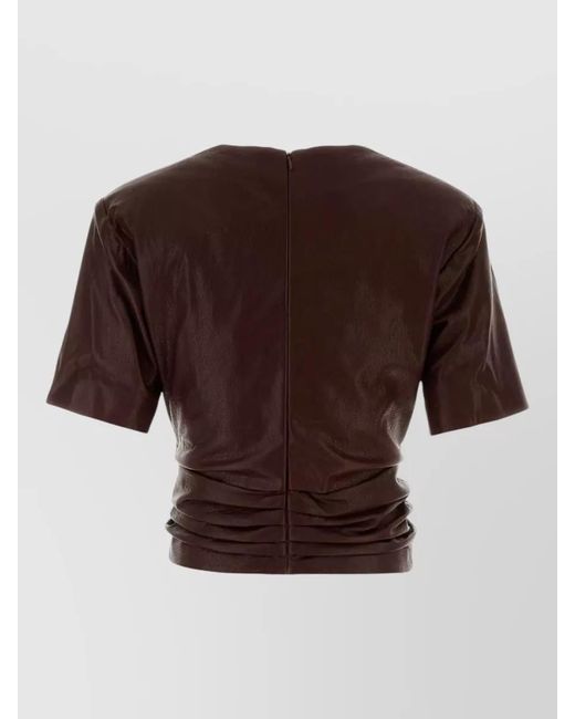 Magda Butrym Brown Leather Top Short Sleeves Round Neck Ruched