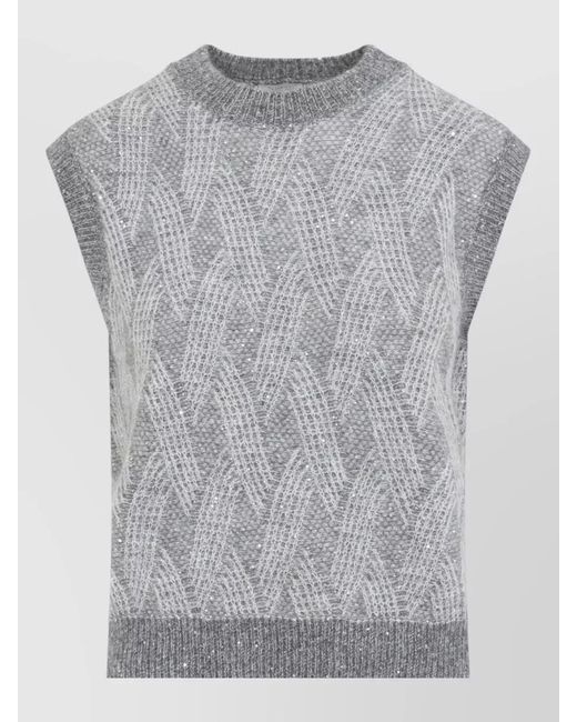 Peserico Gray Ribbed Openwork Sleeveless Mock Neck Knitted Top