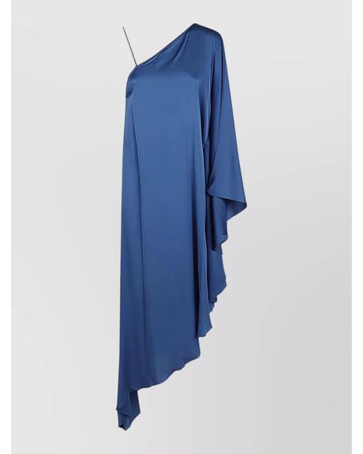 Silk95five Blue Asymmetric Long Dress One Shoulder Draped