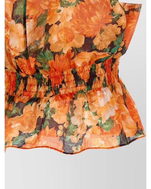 Pinko Orange Arcore V Neck Sleeveless Floral Waist Top